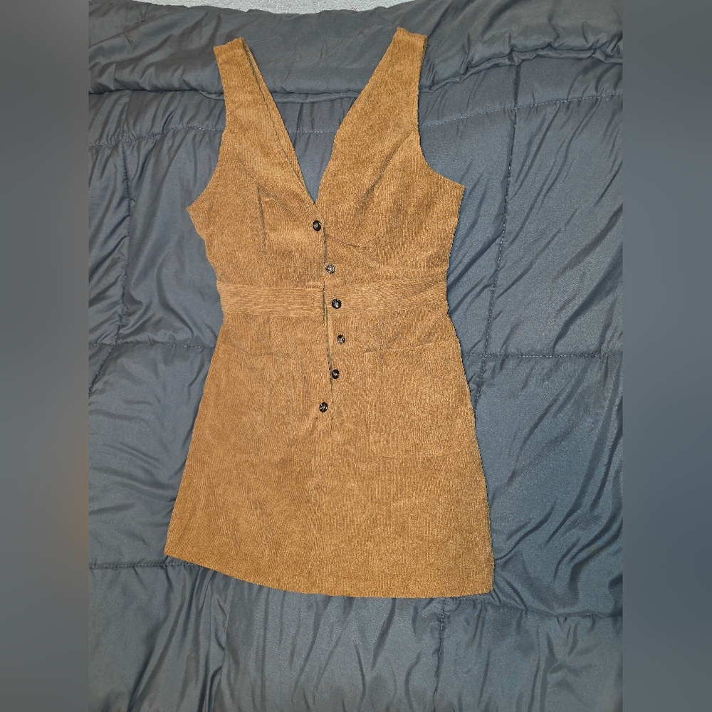 SHEIN Tan Corduroy Button-Front Mini Dress